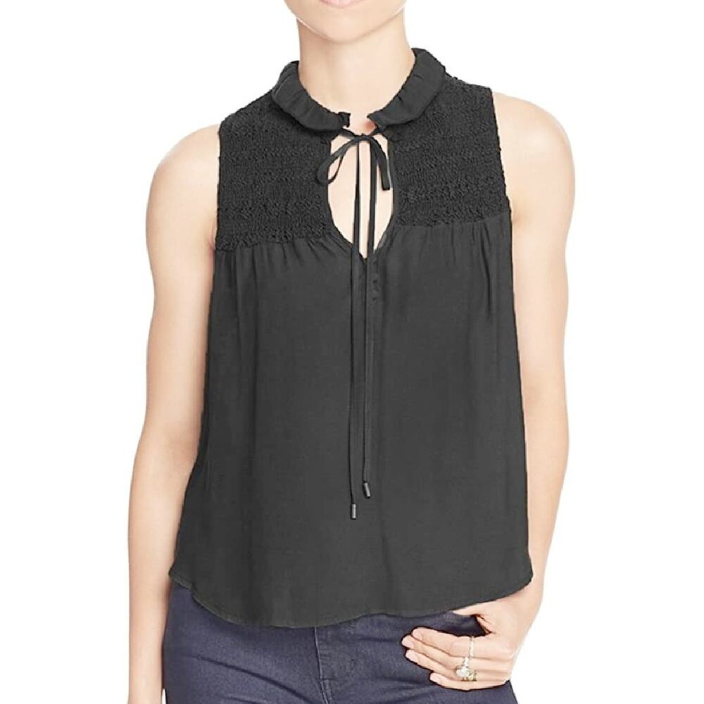 Free People Ruffle Me Up Tank Top Black Small Boho Smocked Flowy Tie Neck
